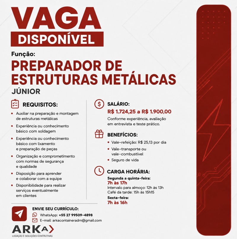 Arka contrata Preparador de Estruturas Metálicas (Júnior)