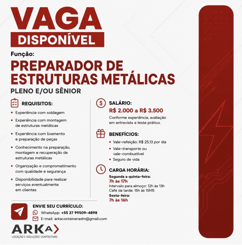 ARKA contrata Preparador de Estruturas Metálicas (Pleno e/ou Sênior)