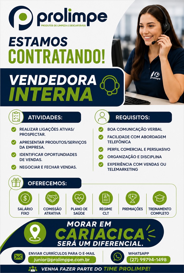 Prolimpe contrata Vendedora Interna