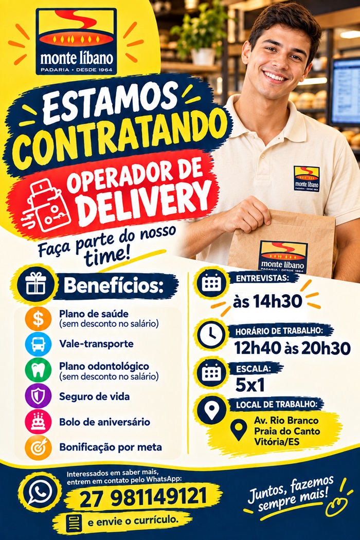 Padaria Monte Libano contrata Operador de Delivery