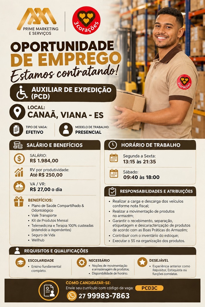Auxiliar de Expedição (PCD) – Canaã, Viana - ES