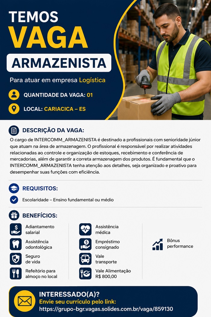 Vaga de Armazenista para atuar em empresa Logística