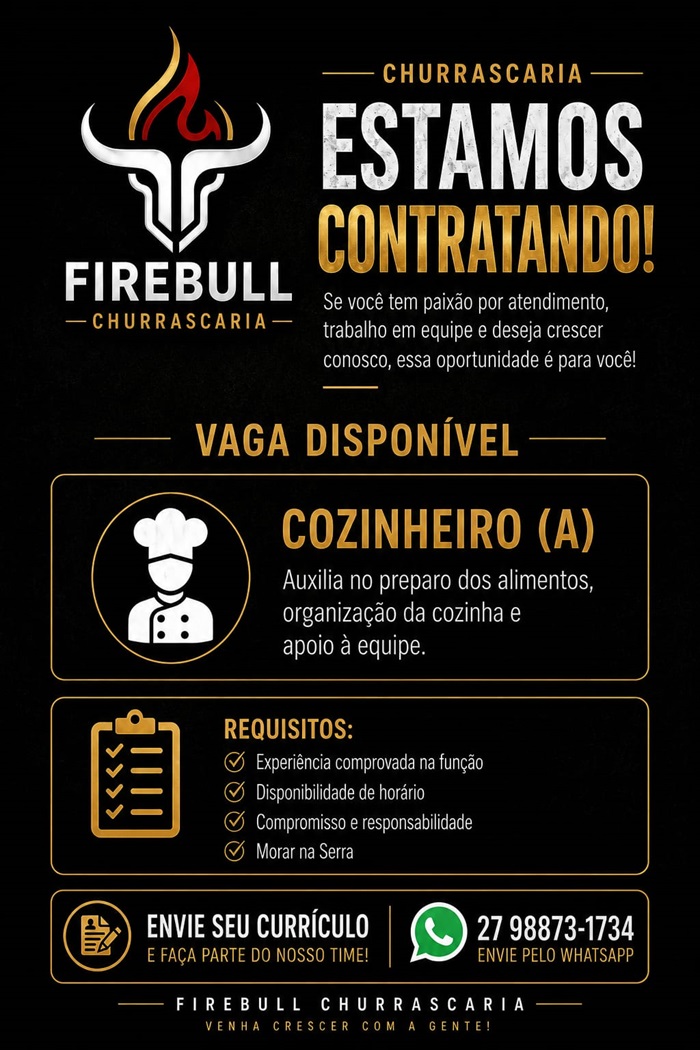 Firebull Steakhouse contrata Cozinheiro (a)