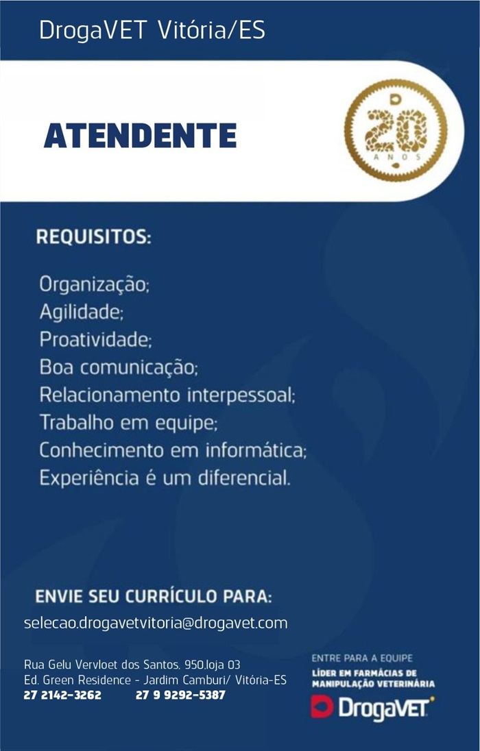 DrogaVET Vitória contrata Atendente de Vendas