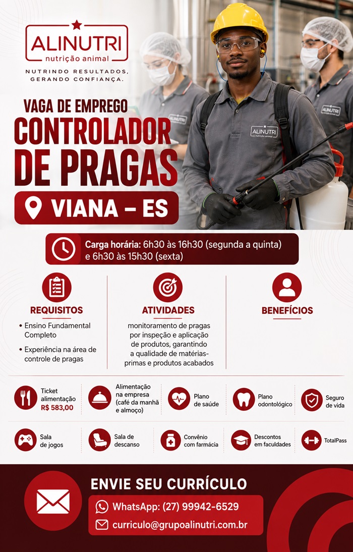 Grupo Alinutri contrata Controlador de Pragas