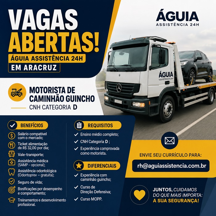 Motorista de Caminhão Guincho – CNH Categoria D (Aracruz/ES)