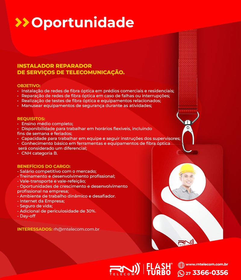 RN Telecom contrata Instalador Reparador de Serviços de Telecomunicação