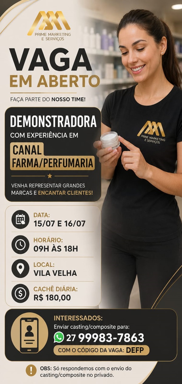 VAGA PARA DEMONSTRADORA COM EXPERIÊNCIA EM CANAL FARMA/PERFUMARIA