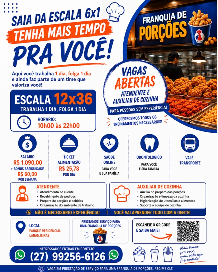 Vagas Abertas: Atendente e Auxiliar de Cozinha (Sem Experiência) – Escala 12x36