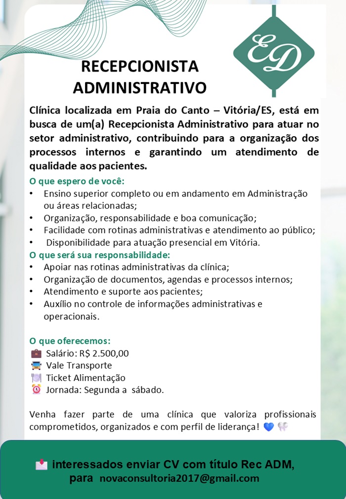 VAGA DE RECEPCIONISTA ADMINISTRATIVO