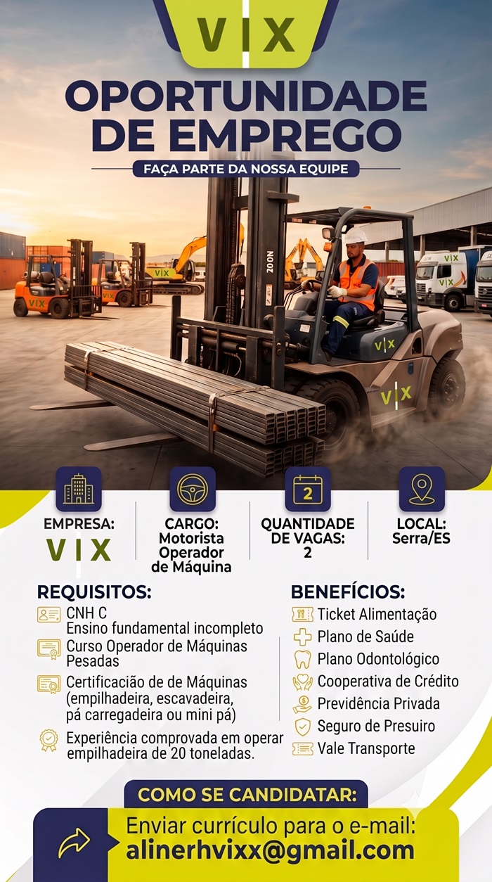  Vix Logística contrata Motorista Operador de Máquina