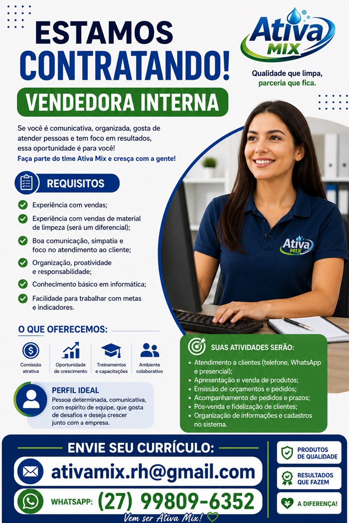 Vaga para Vendedora Interna – Ativa Mix