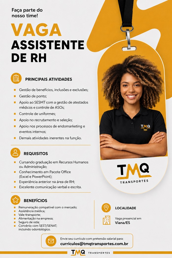 TMQ Transportes contrata Assistente de RH