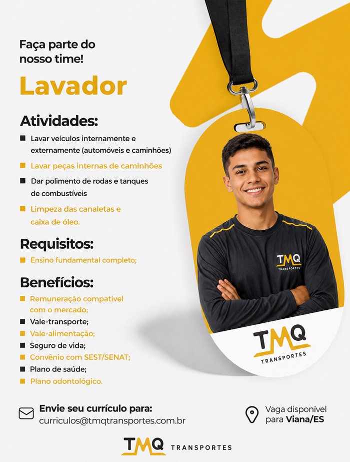 TMQ Transportes contrata Lavador