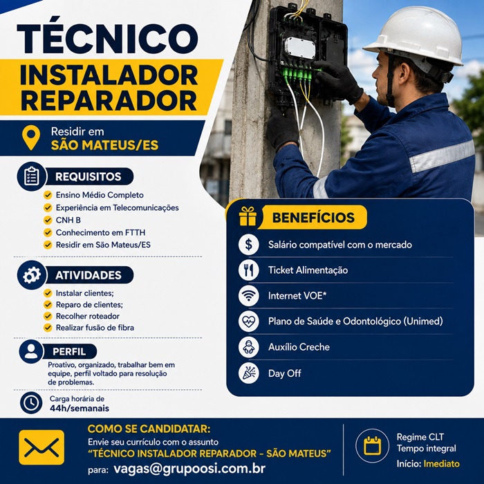 TÉCNICO INSTALADOR REPARADOR - SÃO MATEUS/ES