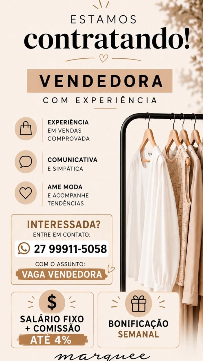 Vaga para Vendedora (Com Experiência)