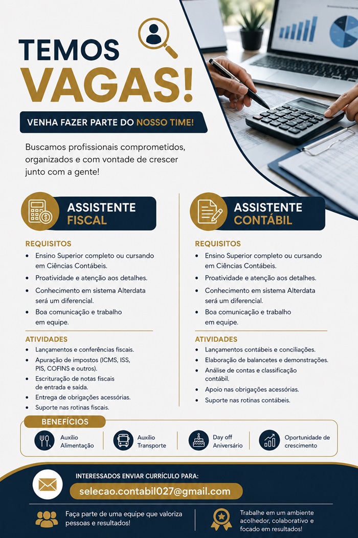 VAGAS PARA ASSISTENTE FISCAL E ASSISTENTE CONTÁBIL
