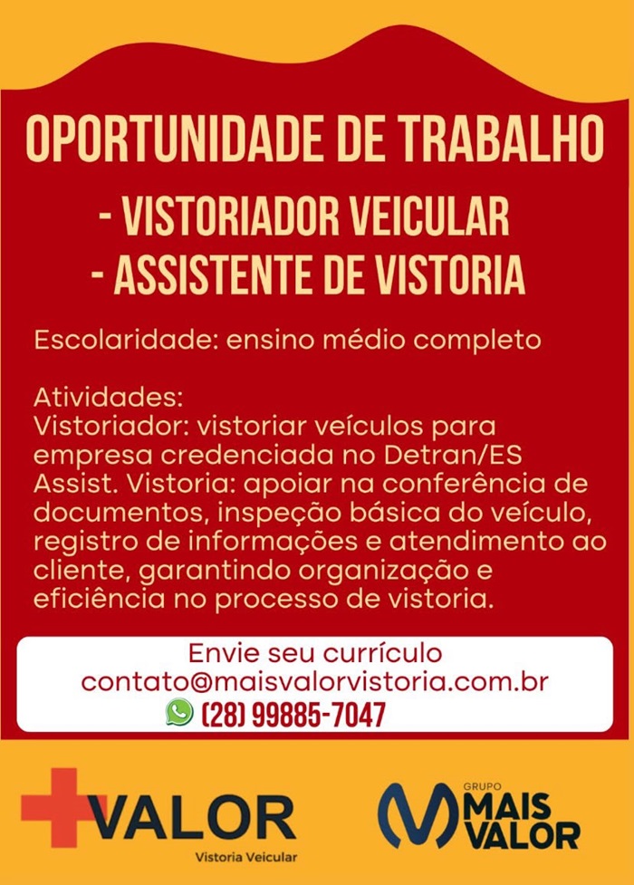 VAGAS PARA VISTORIADOR VEICULAR E ASSISTENTE DE VISTORIA