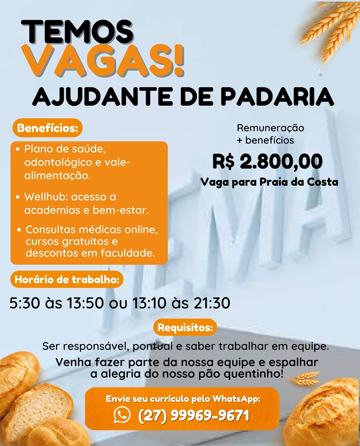 Vaga para Ajudante de Padaria | Praia da Costa
