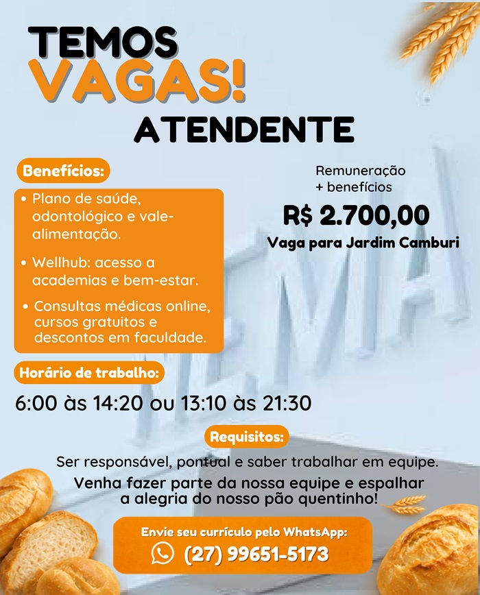 Vaga para Atendente de Padaria | Jardim Camburi