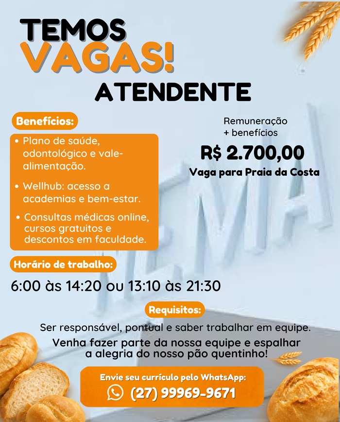 Vaga para Atendente de Padaria | Vila Velha 