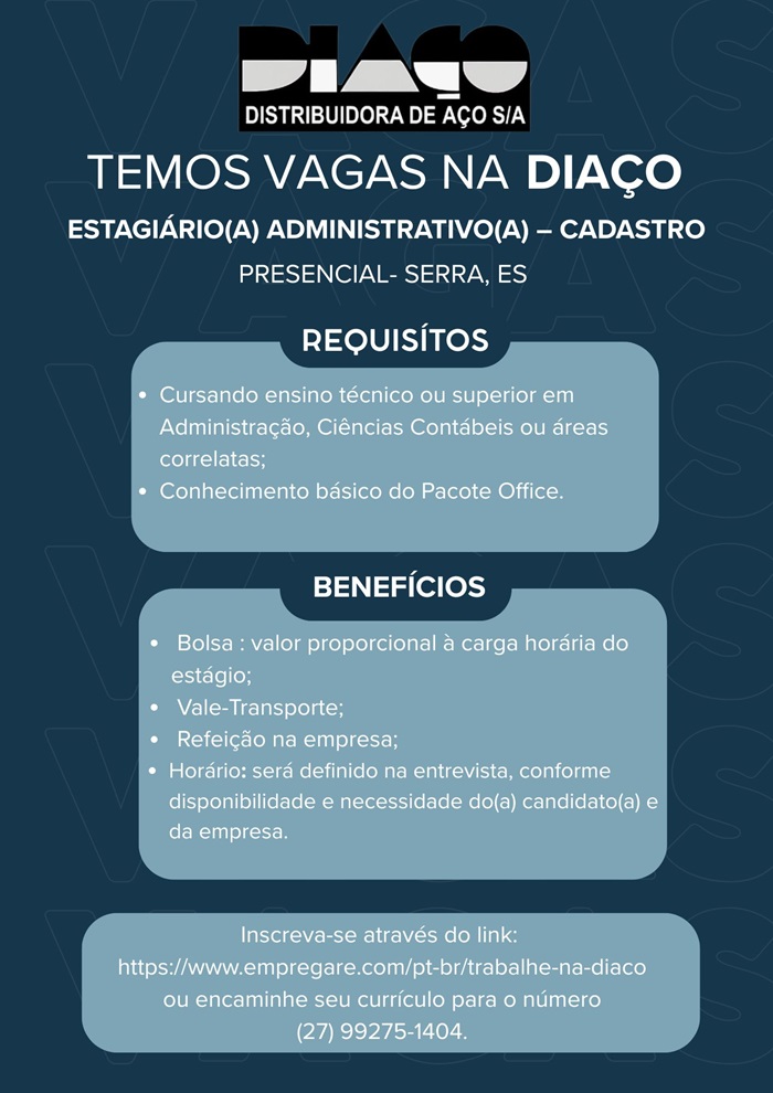DIAÇO contrata Estagiário(a) Administrativo(a) – Cadastro