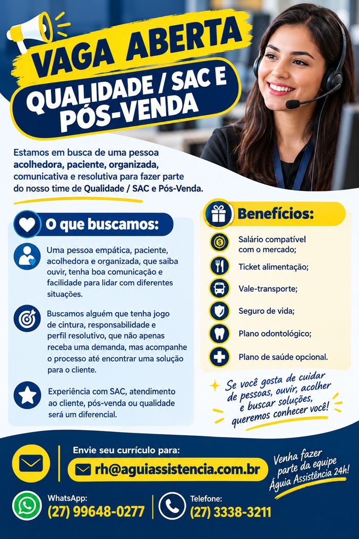 VAGA ABERTA | QUALIDADE / SAC E PÓS-VENDA