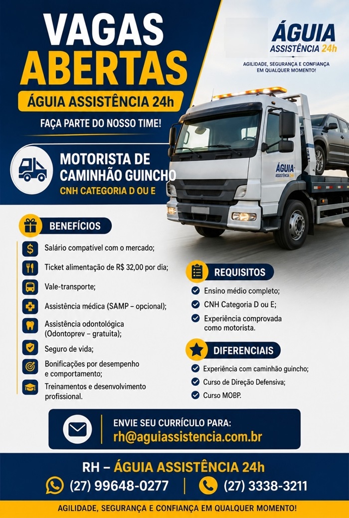 Vaga para Motorista de Caminhão Guincho – CNH Categoria D ou E