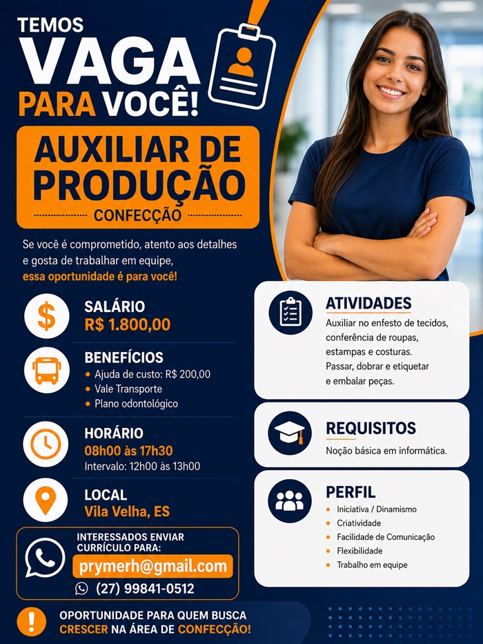 01 VAGA - AUXILIAR DE PRODUÇÃO DE FÁBRICA DE CONFECÇÃO