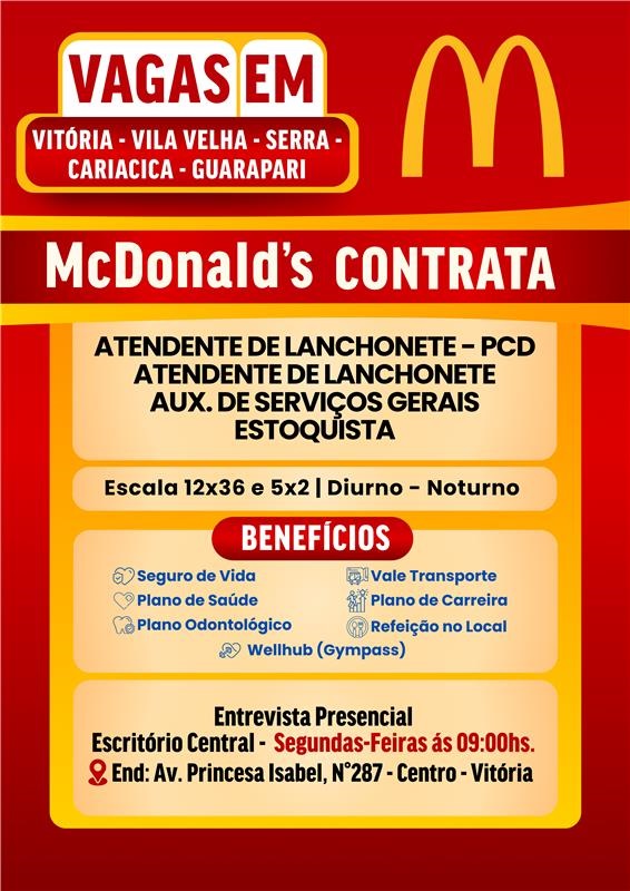MCDONALD'S ABRE DIVERSAS VAGAS DE EMPREGO