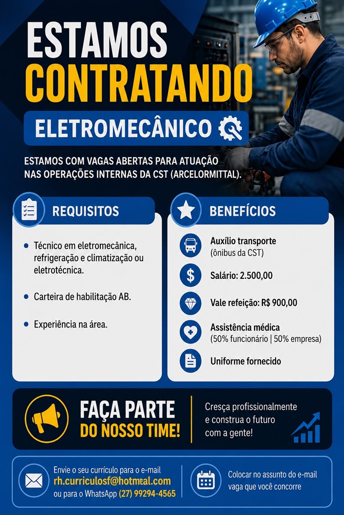 VAGA DE ELETROMECÂNICO PARA ATUAR NA ÁREA DA ARCELORMITTAL