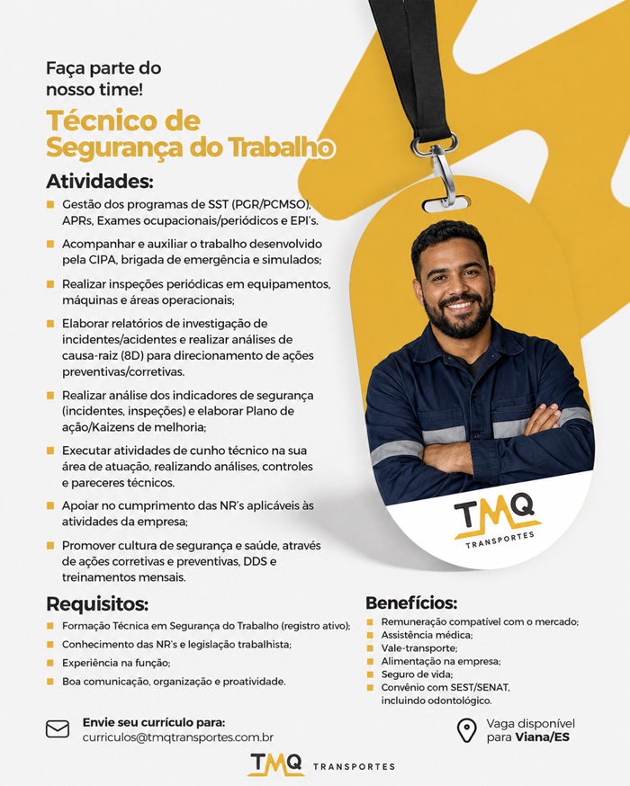 TMQ Transportes contrata Técnico de Segurança do Trabalho