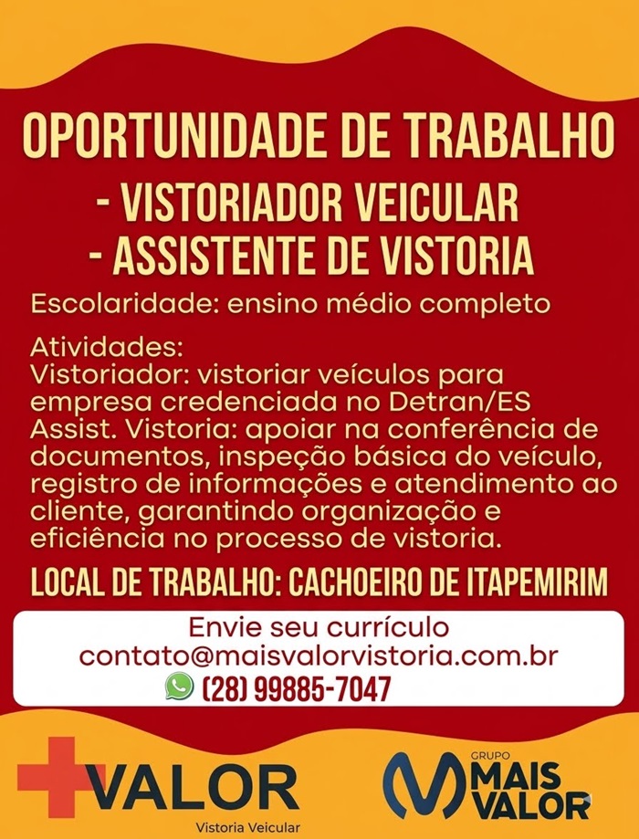 VAGAS PARA VISTORIADOR VEICULAR E ASSISTENTE DE VISTORIA