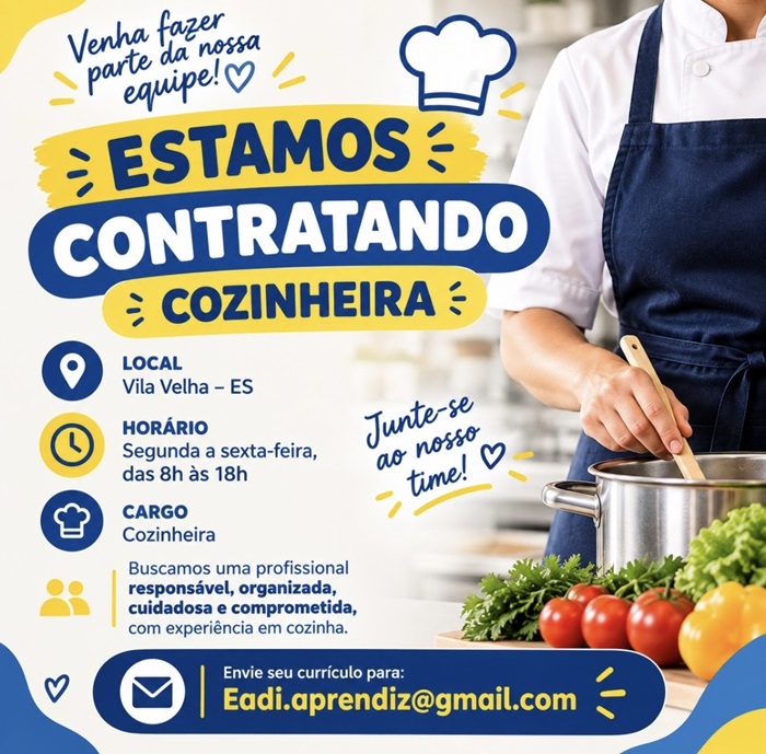 CRECHE EM VILA VELHA CONTRATA COZINHEIRA