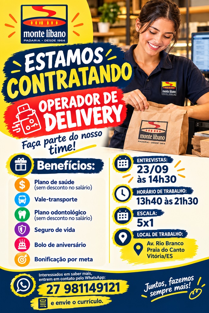 Padaria Monte Libano contrata Operador de Delivery