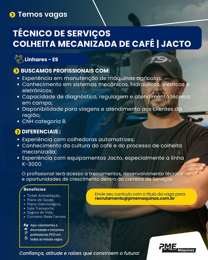 PME Máquinas contrata Técnico de Serviços Colheita Mecanizada de Café | Jacto