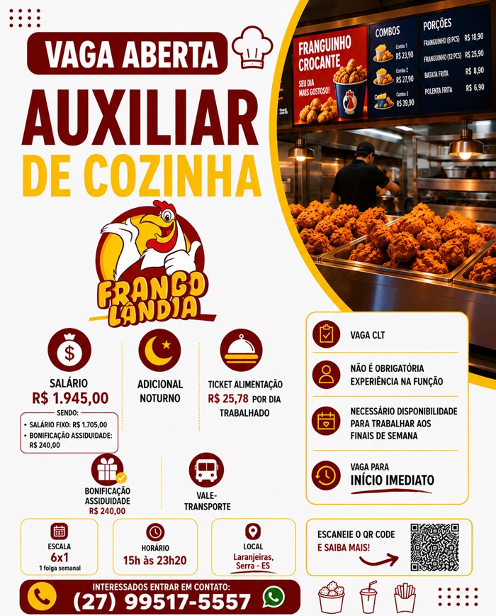 Vaga Aberta para Auxiliar de Cozinha