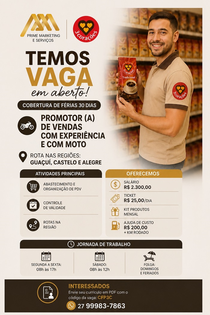 Vaga para Promotor(a) de Vendas (Com Experiência e Moto)