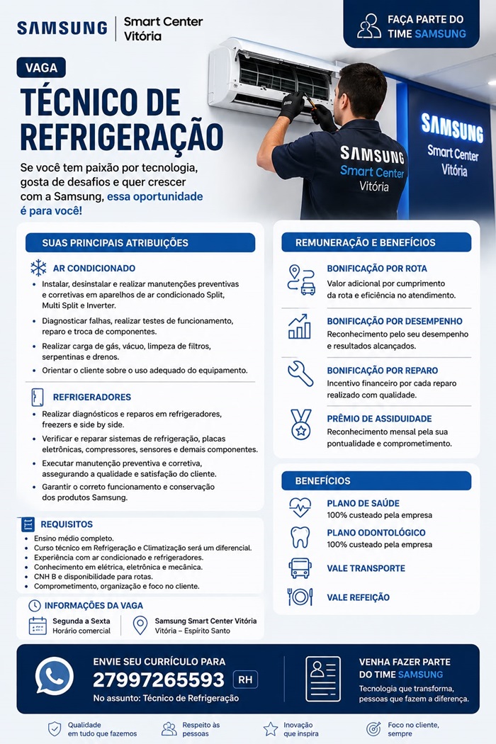 Samsung Smart Center contrata Técnico de Refrigeração