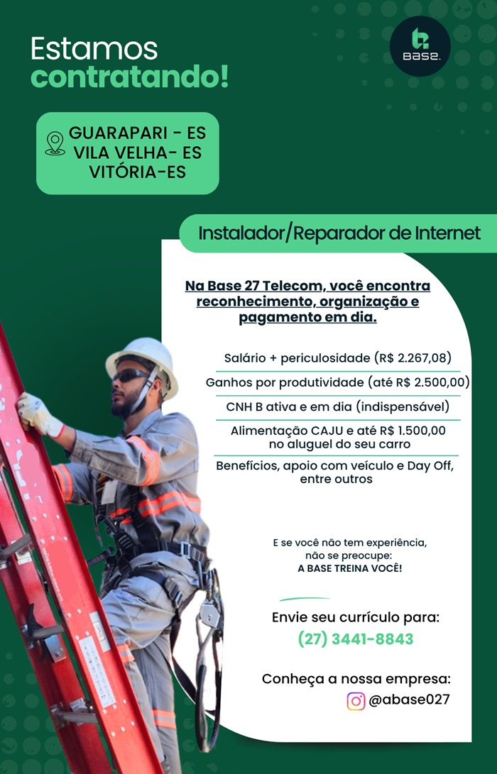 Base Telecom contrata Instalador/Reparador de Internet 