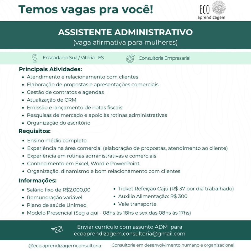 Vaga de Assistente Administrativo (Vaga afirmativa para mulheres)