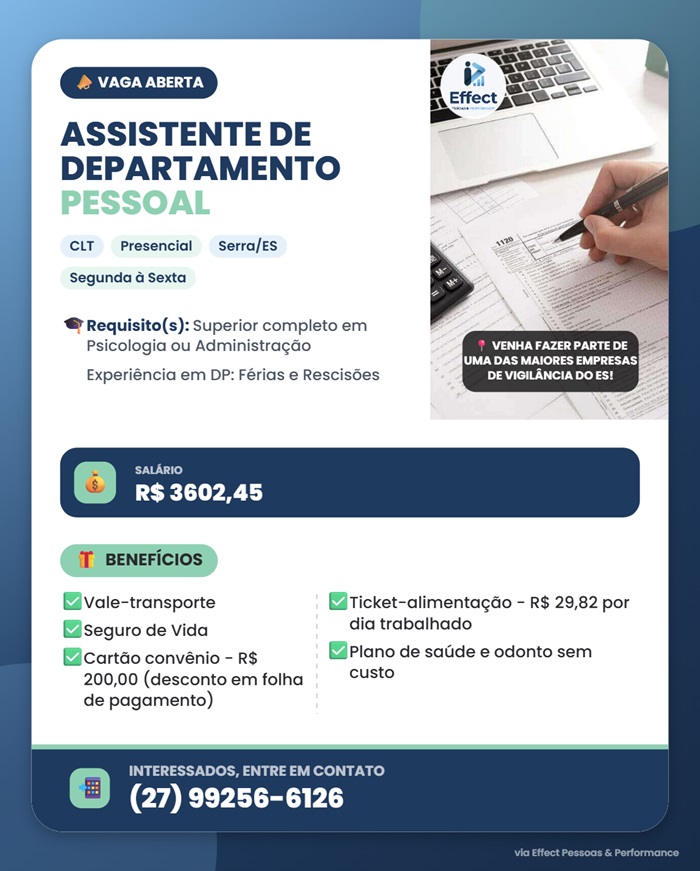 Vaga para Assistente de Departamento Pessoal