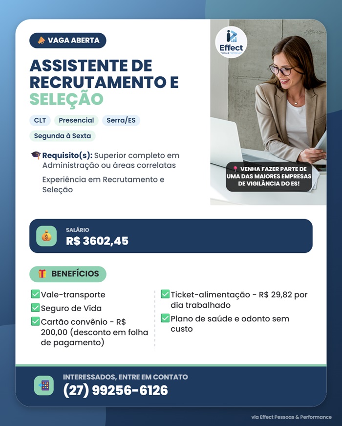 Vaga para Assistente de Recrutamento e Seleção