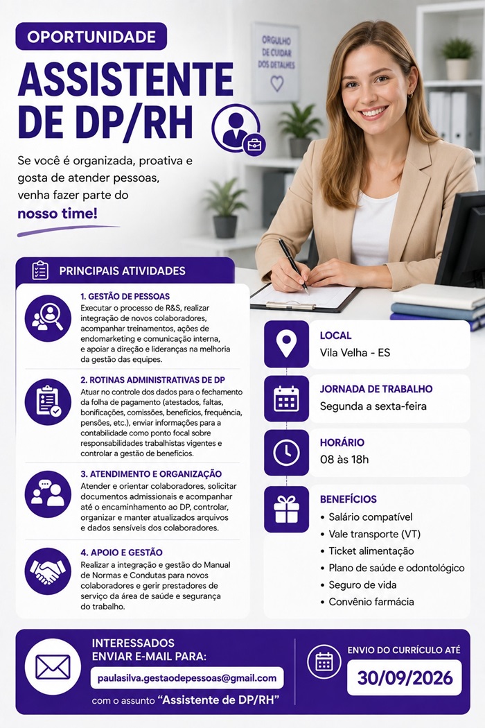 Vaga para Assistente de DP/RH