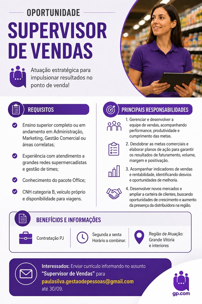 Vaga para Supervisor de Vendas