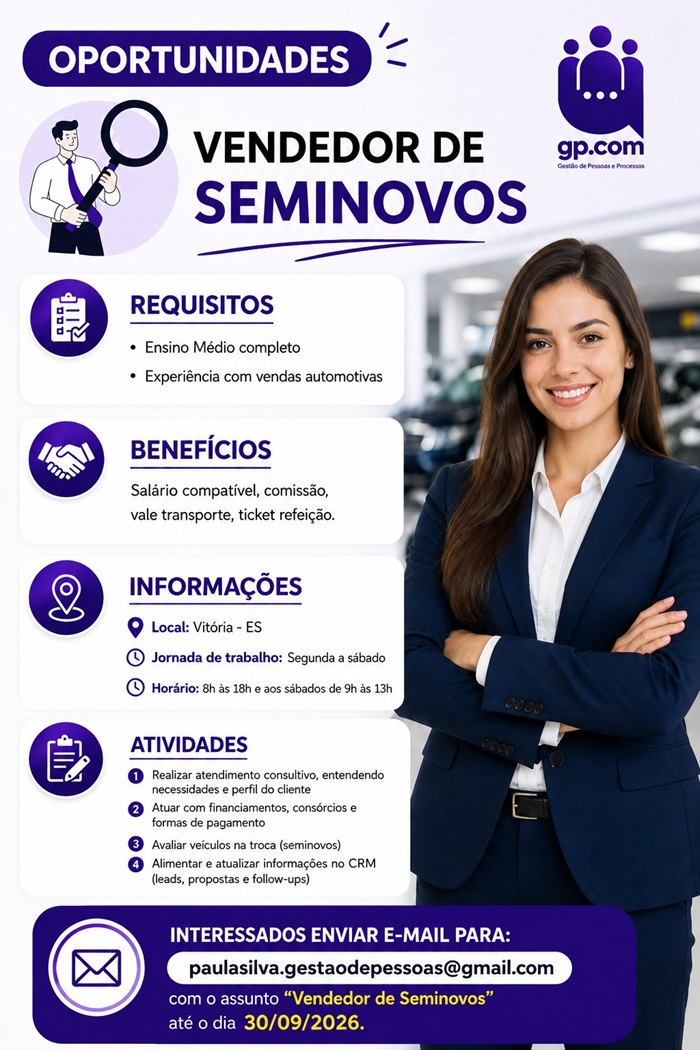 Vaga para Vendedor de Seminovos
