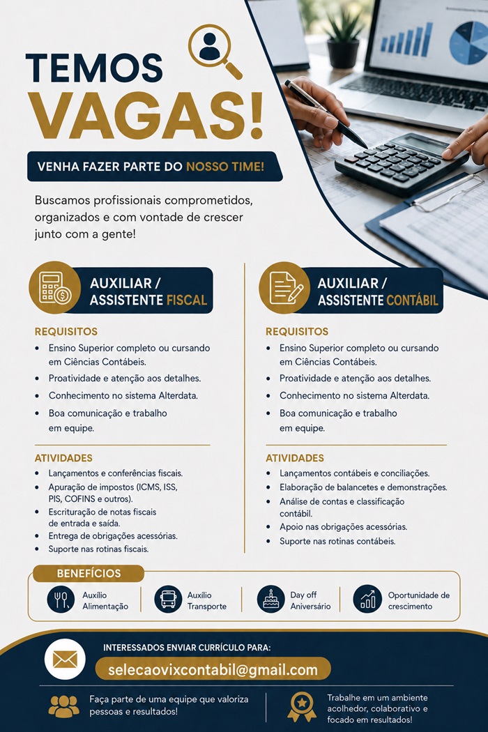 Vagas para Assistente de Setor Fiscal e Assistente Contábil