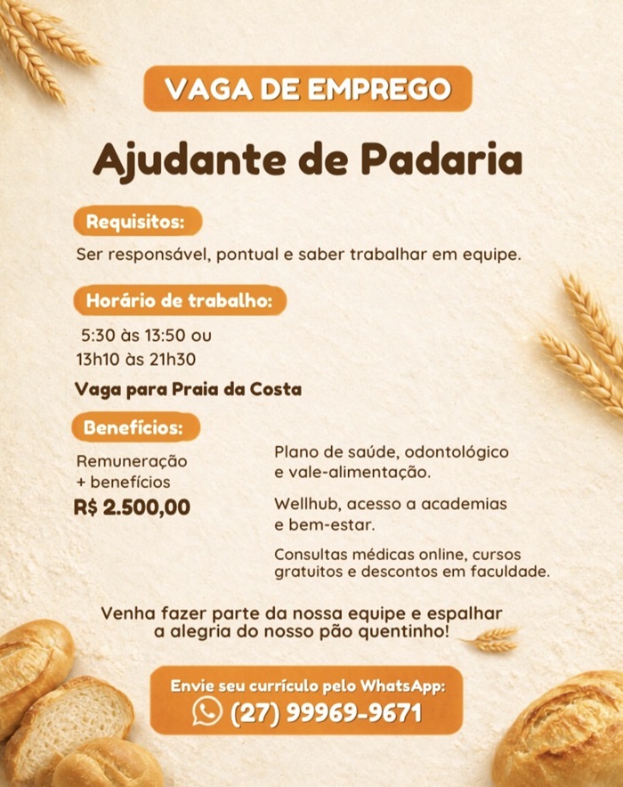 Vaga para Ajudante de Padaria | Praia da Costa
