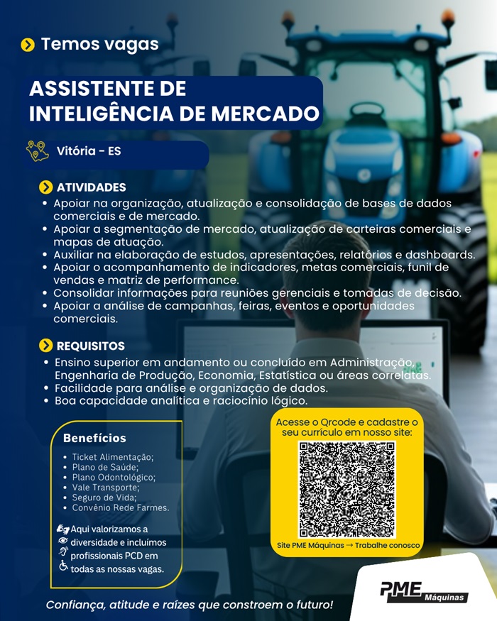 PME Máquinas contrata Assistente de Inteligência de Mercado