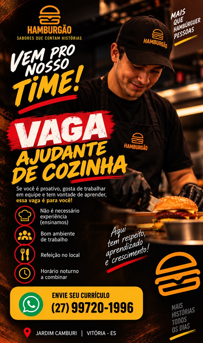 HAMBURGÃO CONTRATA AJUDANTE DE COZINHA